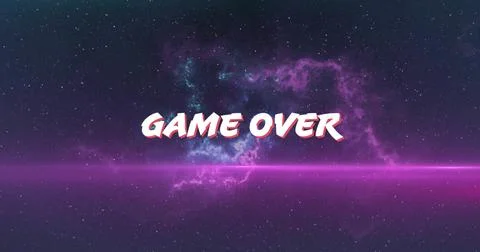 Displaying stylized GAME OVER text hovering in star field, with neon beam and Stock Illustration