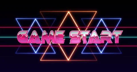 Displaying stylized GAME START text on dark arcade-style display, with neon Stock Photos