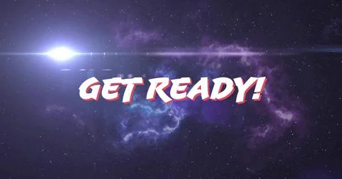 Displaying stylized GET READY! text dominating center in space, with nebula Stock Illustration