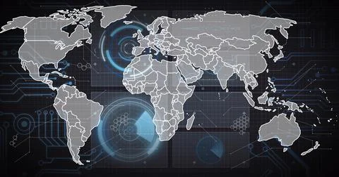 Displaying stylized global map on dark dashboard, overlaying HUD circles, Stock Photos