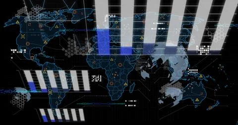 Displaying stylized global map on dark HUD interface, showing hex grid, node Stock Photos