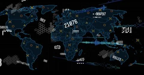 Displaying stylized global map on digital dashboard with numeric labels, hex イラスト素材