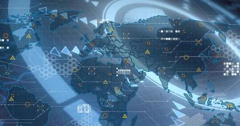 Displaying stylized global map with hex clusters and warning icons on dashboard, Stock Photos