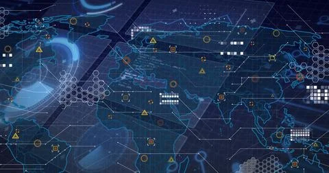 Displaying stylized global map occupying center of virtual dashboard, showing Foto stock