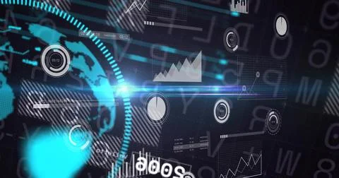 Displaying stylized globe and HUD ring rotating in futuristic analytics panel, Stock Illustration
