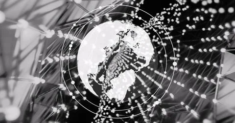 Displaying stylized globe with dotted point-cloud in digital studio, showing Stock Photos