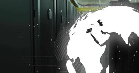 Displaying stylized globe graphic on right in data center, showing server Stockfoto's