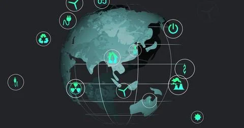 Displaying stylized globe with grid lines on dark dashboard, connecting イラスト素材