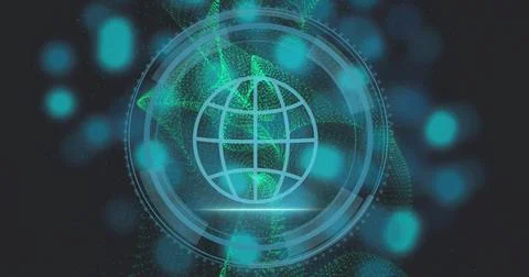 Displaying stylized globe icon rotating inside HUD rings on digital interface, Stock Illustration