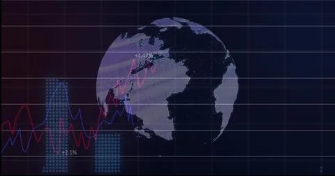 Displaying stylized globe intersecting red and blue line graphs on dashboard, Illustrazione stock