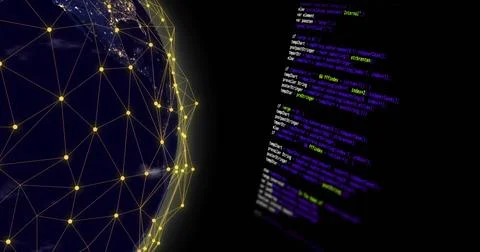 Displaying stylized globe on left over black background, showing yellow network Stock Photos
