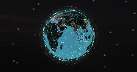 Displaying stylized globe over Indian Ocean, showing neon cyan grid, city Stock Photos