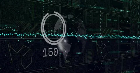 Displaying stylized globe overlaying concentric gauge on dark dashboard, showing Ilustración de archivo