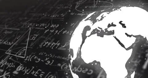 Displaying stylized globe on right over chalkboard with handwritten equations, Stock Illustration