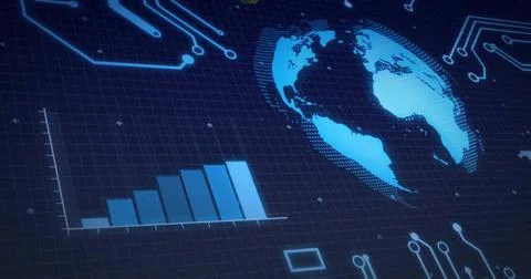 Displaying stylized globe rotating on digital HUD, with rising bar chart and UI Stock Illustration