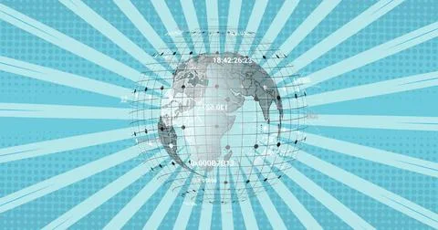 Displaying stylized globe rotating in teal graphic, showing wireframe grid, Stock Photos