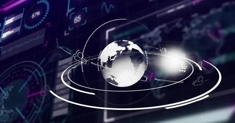 Displaying stylized globe rotating in virtual 3D dashboard, with orbital rings, Stock Illustration