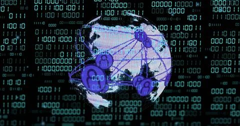 Displaying stylized globe rotating in virtual cyber environment, with node icons Stock Photos
