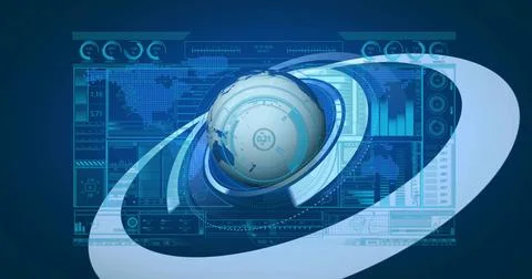 Displaying stylized globe rotating within concentric rings on virtual HUD, Stock Illustration