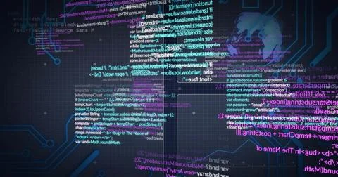 Displaying stylized globe shifting on dark grid hub, connecting neon source code Stock Illustration