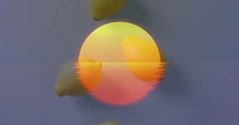Displaying stylized gradient circle glitching on grey surface, with four bright Stock Photos