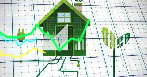 Displaying stylized green house icon connecting to colored line charts on white Illustrazione stock