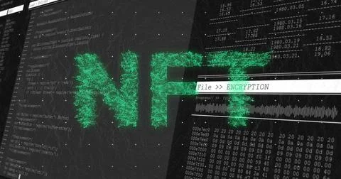 Displaying stylized green NFT on computer interface, with source code and Foto stock