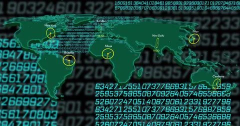 Displaying stylized green world map over teal numeric code backdrop, showing Stockillustratie