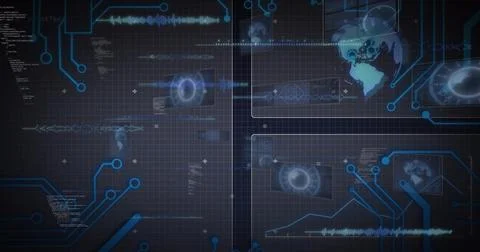 Displaying stylized HUD centering on virtual dashboard, showing grid, radar, Illustration