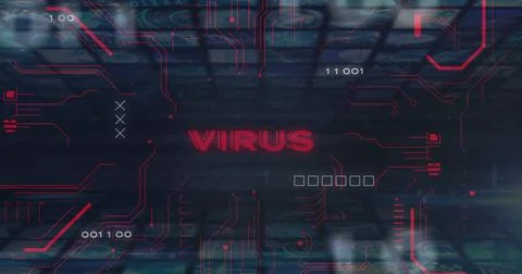 Displaying stylized interface scanning security panel, with red VIRUS text and Stockfoto's