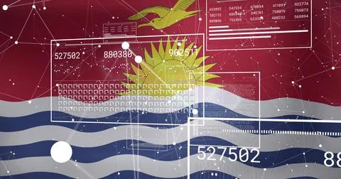 Displaying stylized Kiribati flag in vector graphic, showing sun, frigatebird, Stock Photos