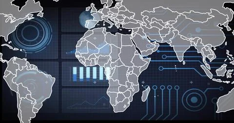 Displaying stylized map with continental outlines overlaying data on dark gri Stock Photos
