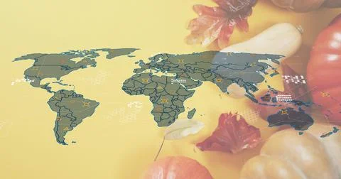 Displaying stylized map overlay on yellow backdrop, showing data markers, autumn Stock Photos