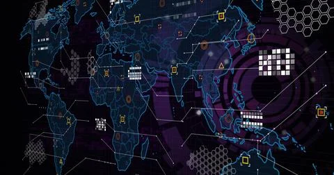 Displaying stylized map showing neon outlines, grid, hex mesh, links and nodes Illustrazione stock