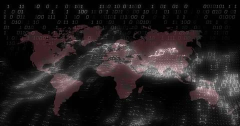 Displaying stylized maroon world map pulsing across dark virtual plane, with Illustrazione stock