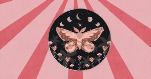 Displaying stylized moth and moon phases in abstract circular design, with Stock Illustration