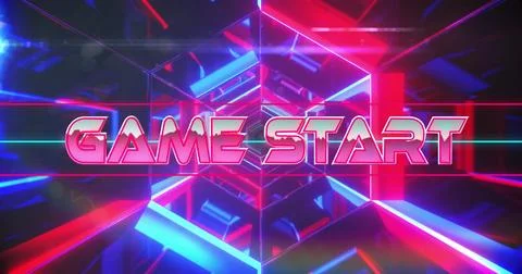 Displaying stylized neon GAME START text inside virtual gaming tunnel, with Stock Illustration