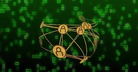 Displaying stylized network sphere hovering in virtual space, with golden icons 스톡 일러스트