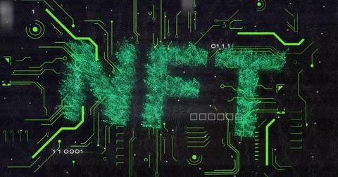 Displaying stylized NFT text forming green pixels on virtual circuit board, with Foto stock