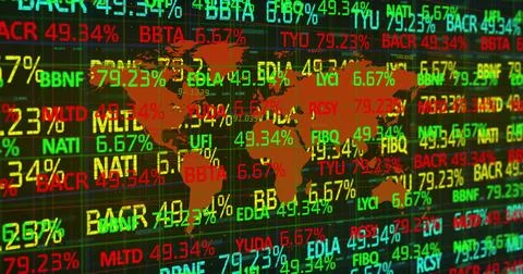 Displaying stylized orange world map on financial grid screen, with ticker イラスト素材
