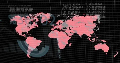 Displaying stylized pink world map centered on dark grid dashboard, with radar Stock Illustration