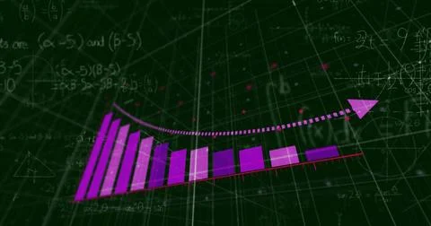 Displaying stylized purple bar chart rising in analytic space, with dotted arrow 스톡 일러스트