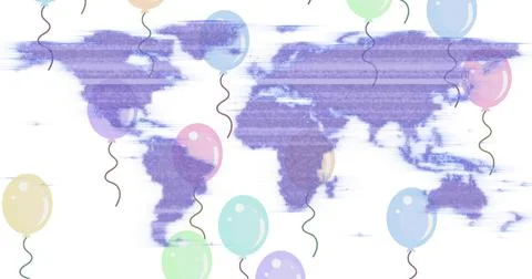 Displaying stylized purple world map on white canvas with pastel balloons and 스톡 일러스트