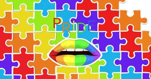 Displaying stylized rainbow lips gleaming in digital poster, with PRIDE text and Stock Illustration