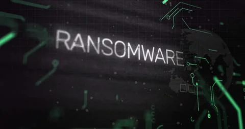 Displaying stylized RANSOMWARE text on digital grid interface, with green Foto stock