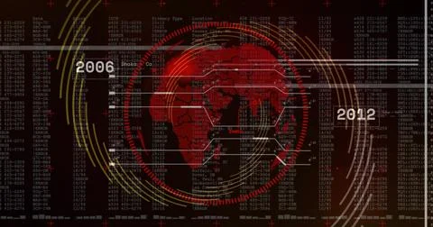 Displaying stylized red globe rotating on digital dashboard, with concentric Stock Illustration