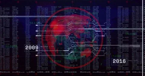 Displaying stylized red globe with segmented ring and lines on dark dashboard, Stock-Fotos