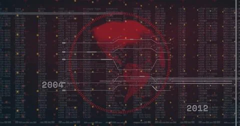 Displaying stylized red globe streaming data over code dashboard, with timeline Illustrazione stock