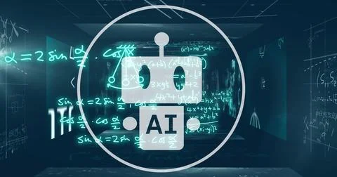 Displaying stylized robot icon labeled AI glowing inside ring in virtual hall, Fotos de archivo