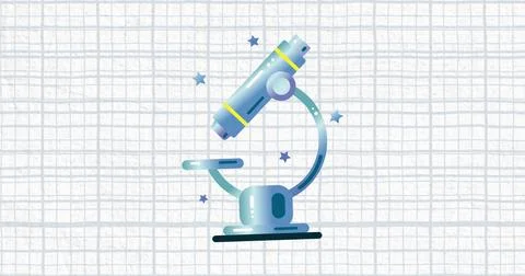 Displaying stylized tabletop microscope resting on squared graph paper, showing 写真素材